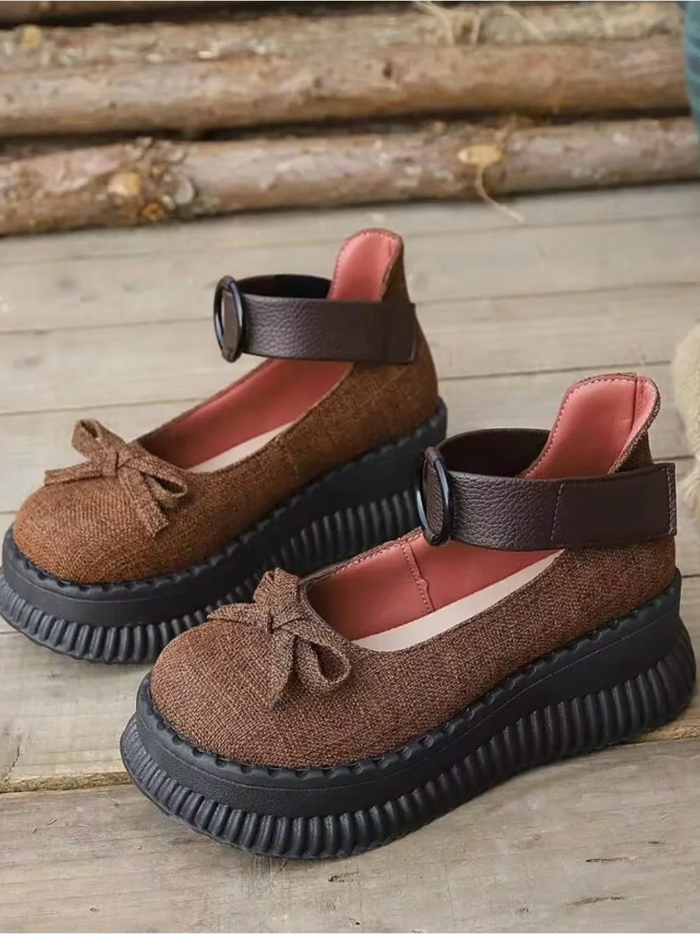Brown Platform Mary Jane Shoes with Ankle Strap